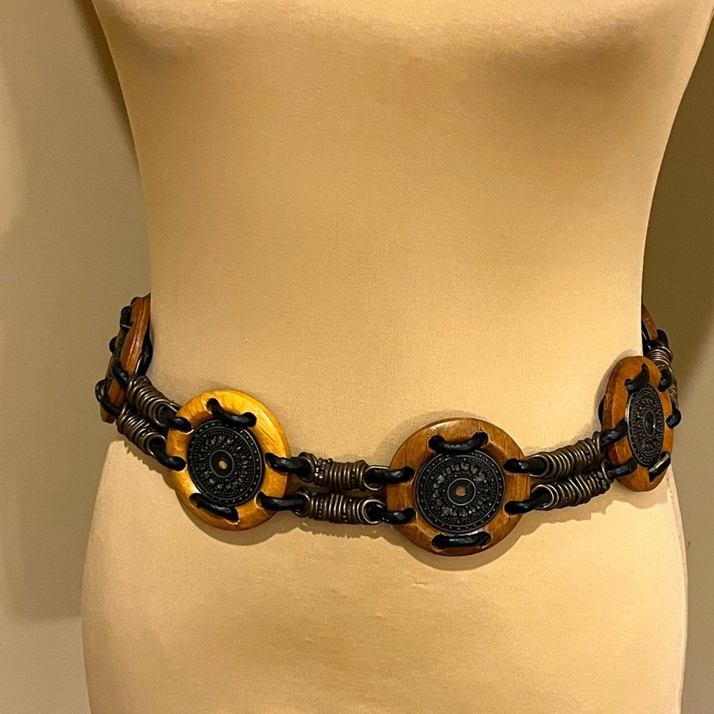 Artisan Wood & Metal Mixed Media Boho Festival Belt, Size Small